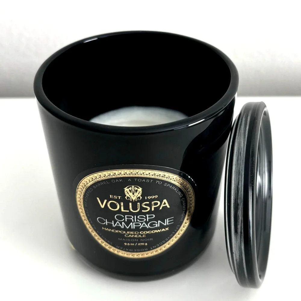 Used Voluspa Crisp Champagne Classic Candle w/ Lid Black Glass Cocowax 9.5oz